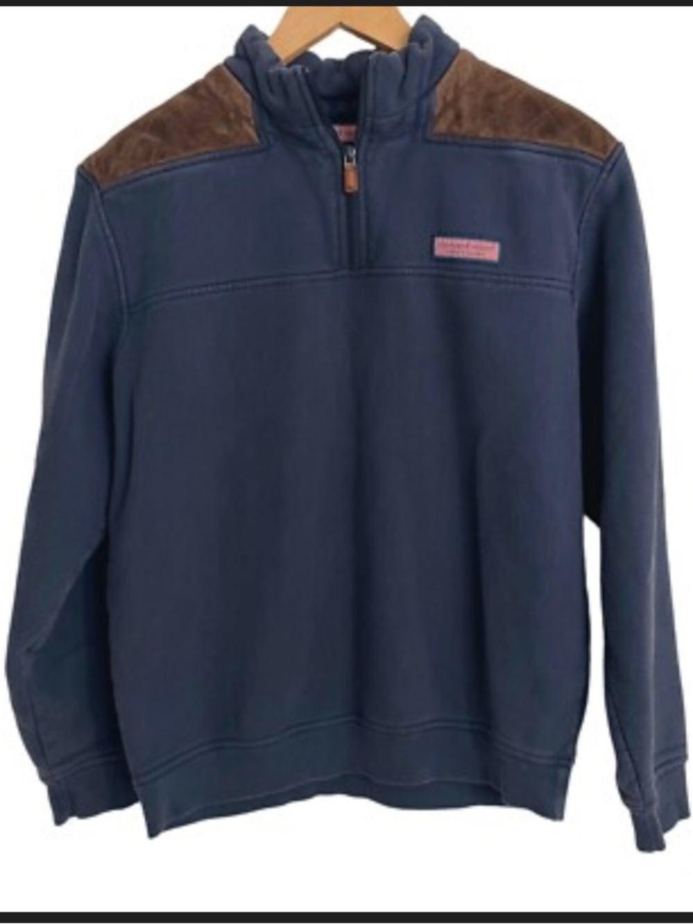 Vineyard Vines Navy Quarter-Zip Pullover with Brown Shoulder Panels